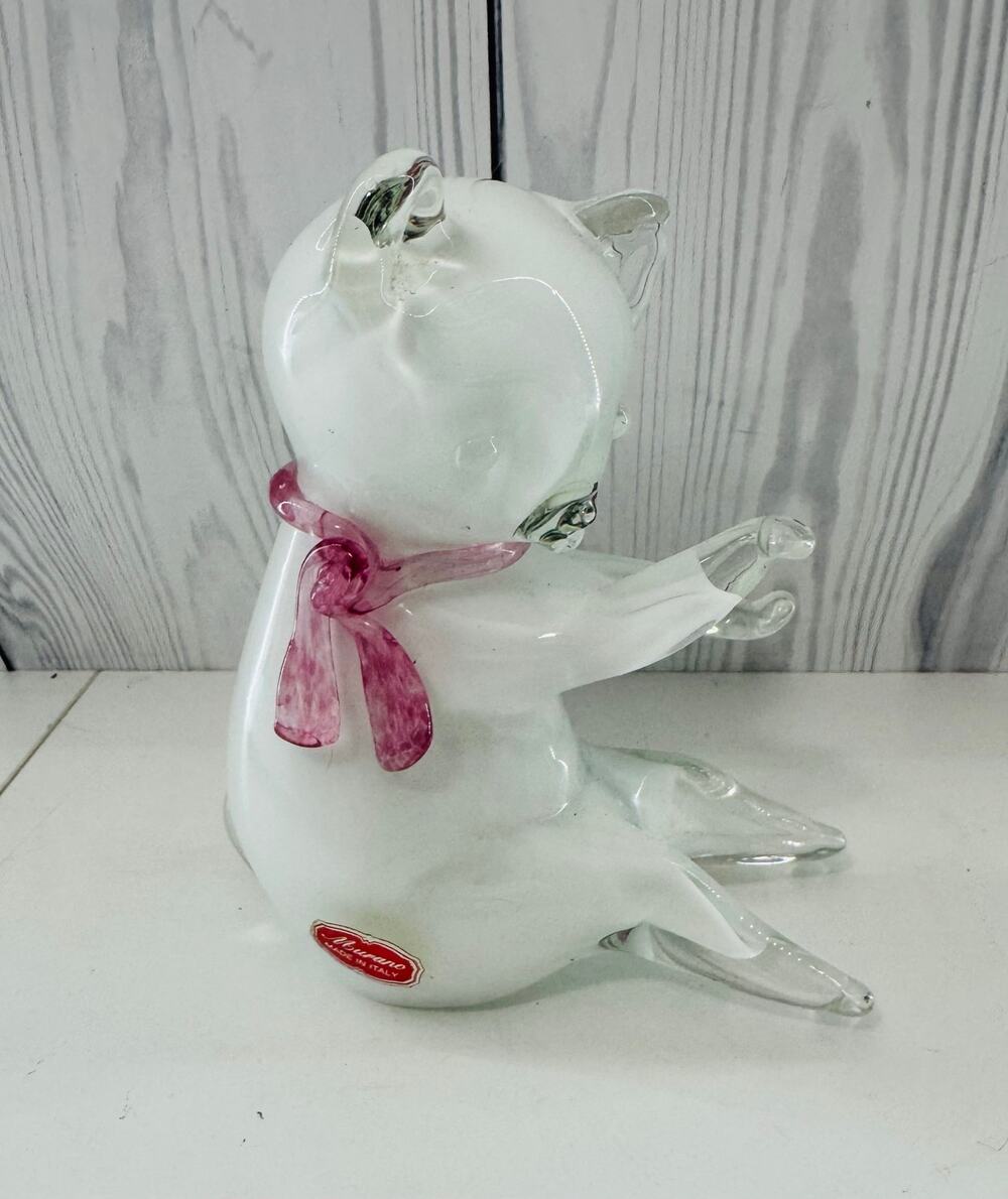 RARE Vintage Murano Cenedese Art Glass White Cat w Pink Scarf Glass Figurine